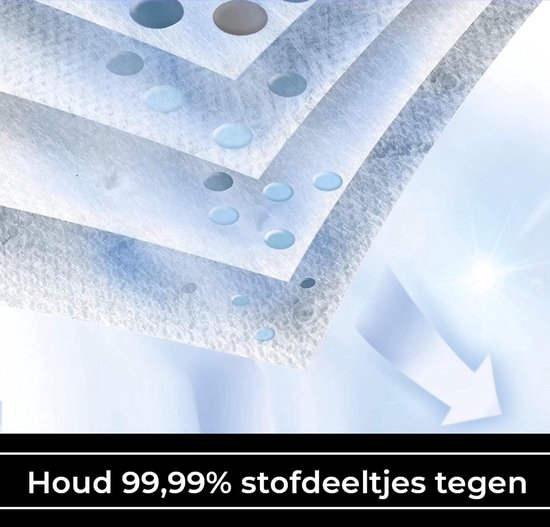 Drie witte, gelaagde filters met waterdruppels erop en een pijl die naar rechts wijst.