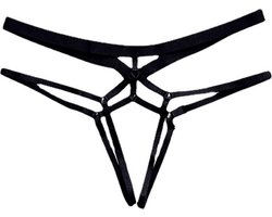 Sexy String Zonder Stof - Zwart - Transparant - Open Kruis - Bondage Riem - G-String Tuigje - Erotisch - Lingerie / Ondergoed - Maat L