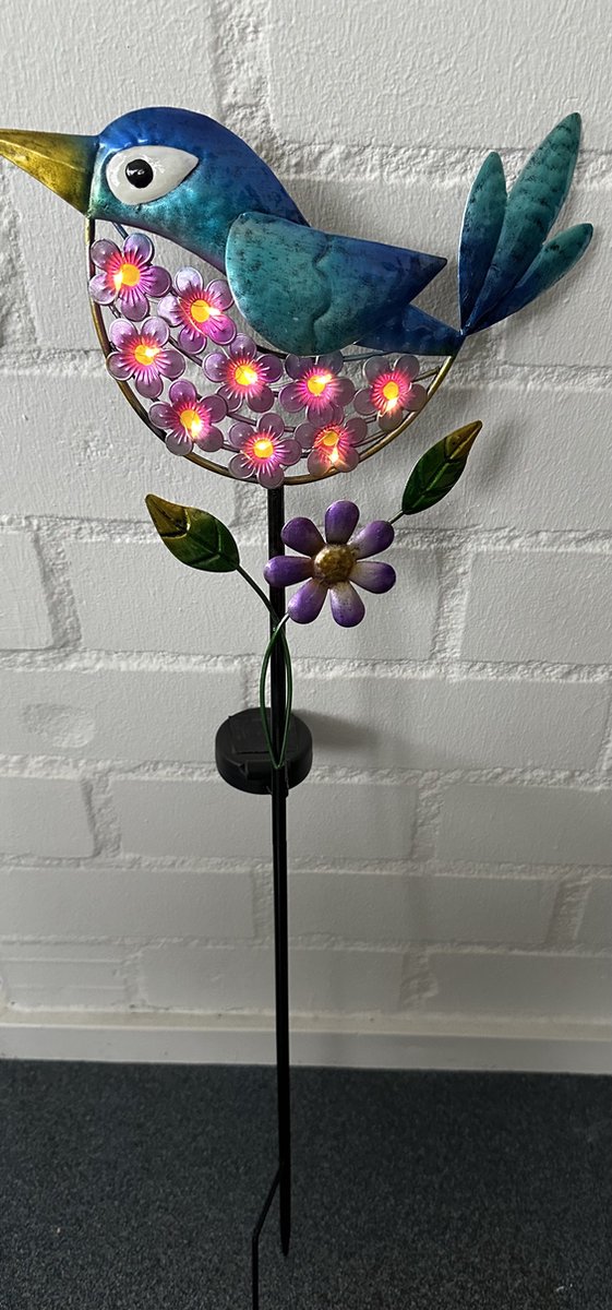 Impuls Metalen solarlamp op tuinsteker vogel meerkleurig met 9 LEDs tuinsteker hoogte 78 x 25 x 2 cm Tuindecoratie Tuinverlichting