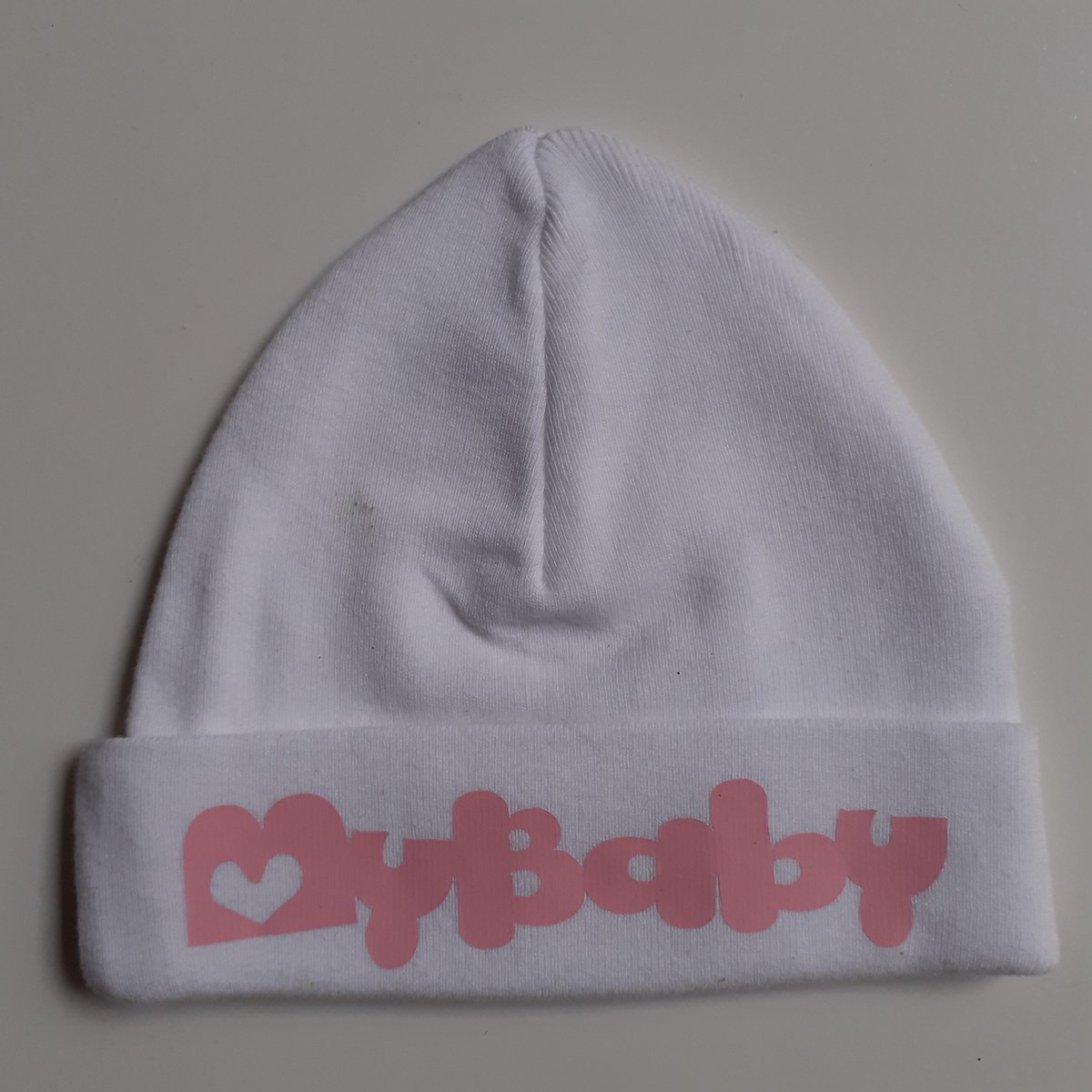 Mutsje met tekst - My Baby - Funnies - wit / roze - maat 50/56 - Newborn - katoen