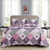 Sprei, 220 x 240 cm, patchwork, bedsprei, gewatteerde bedspreis, bloemenpatroon, quilt, microvezel, geruite sprei met 2 kussenslopen 50 x 75 cm (roze paars)