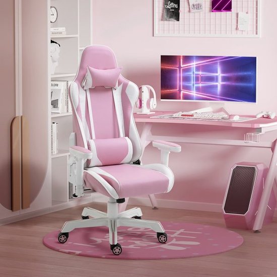 Gamingstoel met hoofdsteun LINNER CUSHION BUSION STOEL Hoogte Verstelbaar schuim Synylon Nylon Pink+Wit 71 x 73 x 128-138 cm