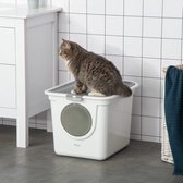Toilettes pour chats avec couvercle de bac à litière avec pelle, toilettes pour chats jusqu'à 5 kg, pour usage intérieur, plastique, gris + blanc, 44 x 55 x 39 cm