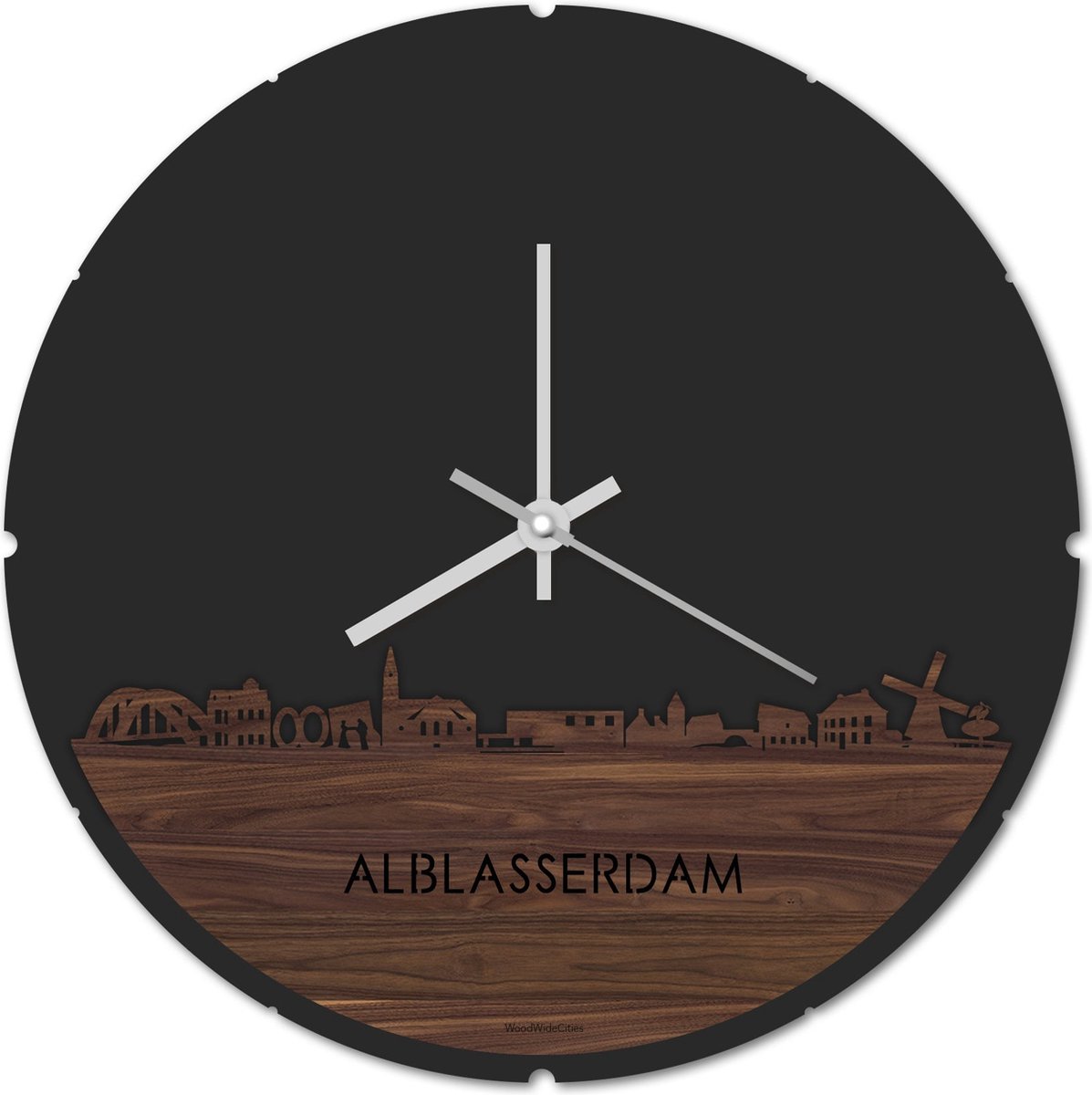 Skyline Klok Rond Alblasserdam Notenhout - Ø 44 cm - Stil uurwerk - Wanddecoratie - Meer steden beschikbaar - Woonkamer idee - Woondecoratie - City Art - Steden kunst - Cadeau voor hem - Cadeau voor haar - Jubileum - Trouwerij - Housewarming -