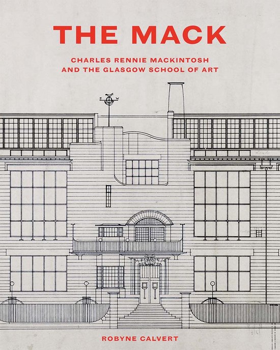 Boek kaft met de titel 'THE MACK' in rode letters, met een architecturale tekening van The Glasgow School of Art.
