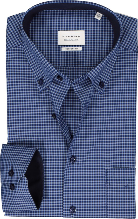 ETERNA comfort fit overhemd - popeline - blauw geruit (contrast) - Strijkvrij - Boordmaat: 48
