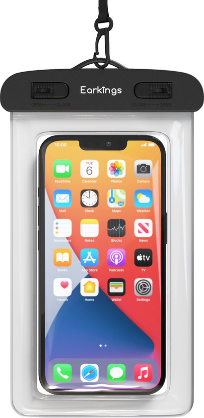 Witte waterdichte telefoonhoes van Earkings met telefoon erin, op witte achtergrond.