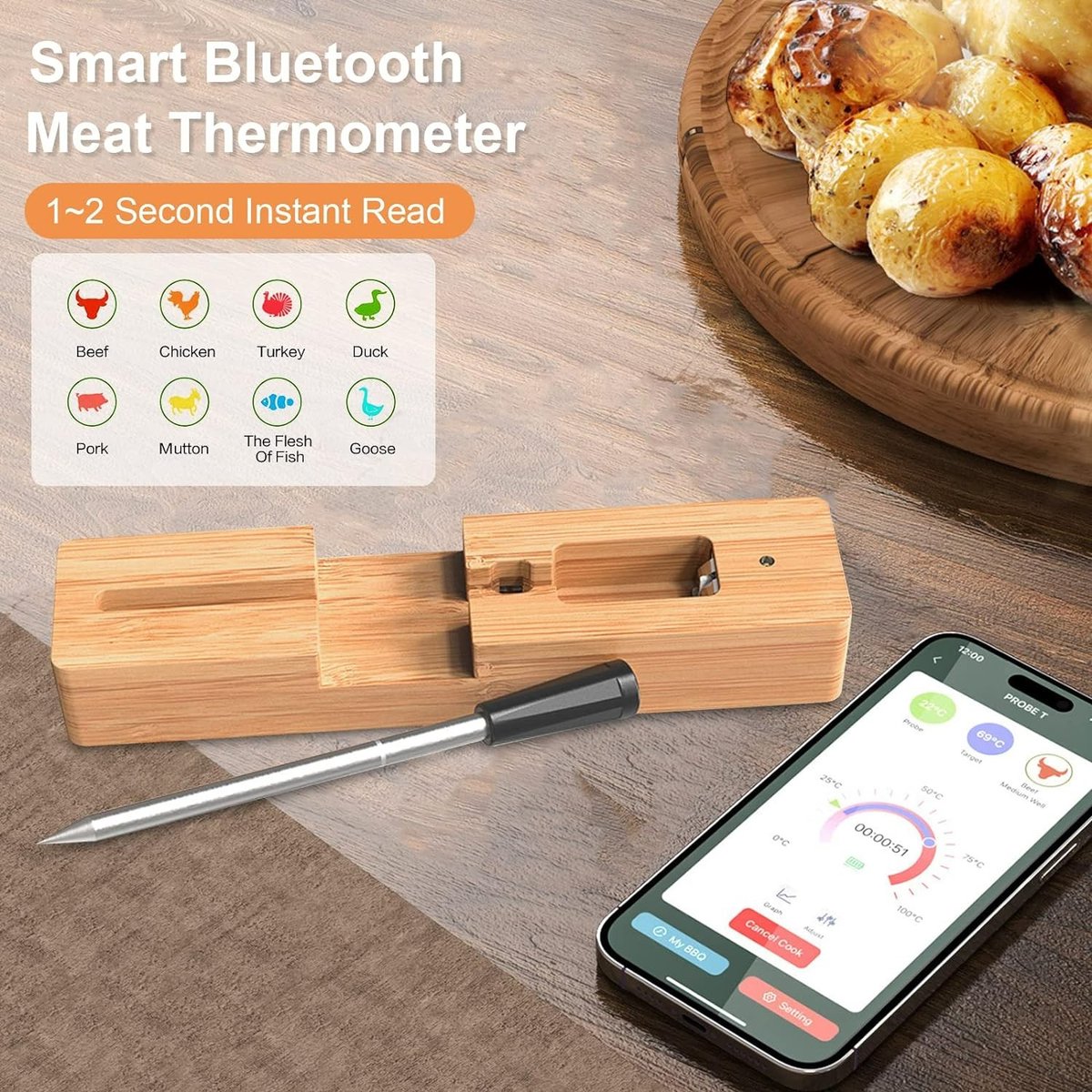 Draadloze BBQ Thermometer | Bluetooth | Alleen interne Temperatuur | Met handige App | 50 Meter bereik | Geschikt voor de Oven & BBQ | RVS | Zwart