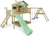 WICKEY speeltoestel klimtoestel Smart Ocean met schommel & pastelgroene glijbaan, outdoor klimtoren voor kinderen met zandbak, ladder & speelaccessoires voor de tuin