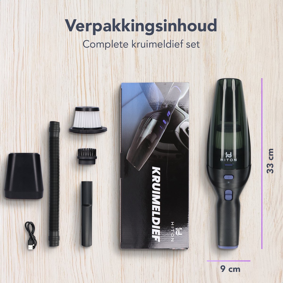 Hiton Kruimeldief snoerloos - Handstofzuiger - Auto stofzuiger - Kruimelzuiger - Oplaadstation - Zwart - 3 opzetstukken — afbeelding 6