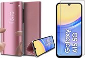 Hoesje geschikt voor Samsung Galaxy A15 - Screenprotector Glas - Spiegel Book Case Rosegoud