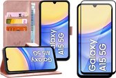 Hoesje geschikt voor Samsung Galaxy A15 - Screenprotector Volledig Dekkend Glas - Portemonnee Book Case Rosegoud