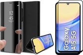 Hoesje geschikt voor Samsung Galaxy A15 - Screenprotector Volledig Dekkend Glas - Spiegel Book Case Zwart