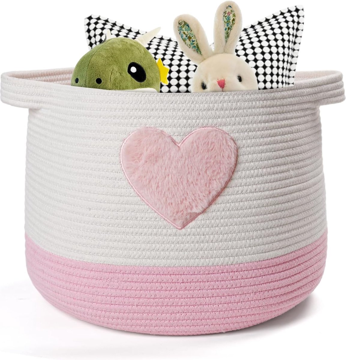 Goedkoopste Grote mand van katoenen touw, geweven opbergmand voor speelgoed, gevlochten wasmand voor baby kinderen met handvat voor meisjes kinderkamer 40L roze hart mand