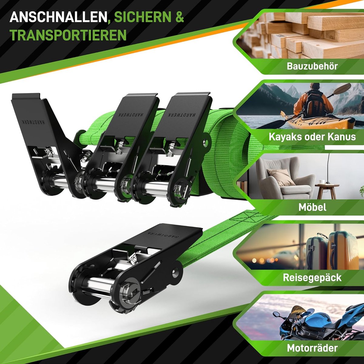 Spanbanden met ratel (4 stuks), 6 m, 1000 kg grijpkracht, TÜV en GS-gecertificeerd, veelzijdige ratelbanden voor professioneel gebruik, aanhangers, bagage en camping, groen