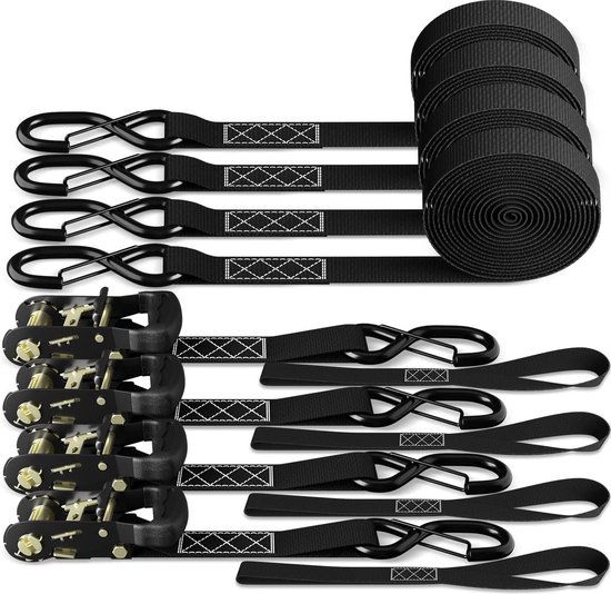 Ohuhu Spanbanden met ratel, 2-delig, 8 stuks, 680 kg, 4,6 m, sjorriemen, ratelriem met haak, bevestigingsriem, ratel, sjorriemen, spanbanden met rubber gecoate metalen handgrepen, blauw