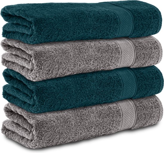 Komfortec handdoeken – Set van 4 - Badhanddoek 70x140 cm - 100% Katoen – Antracietgrijs&Petroleumblauw