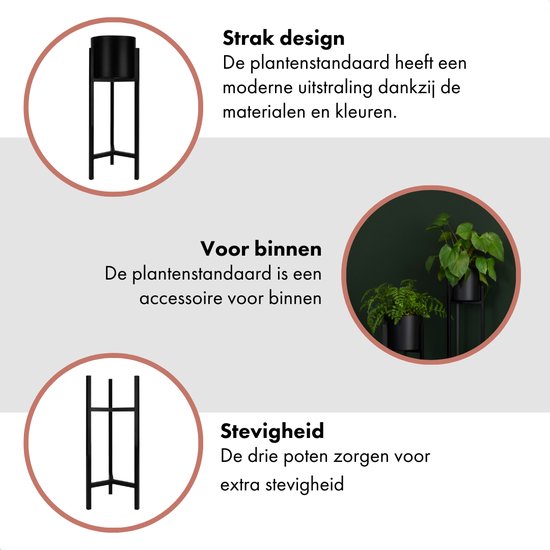 Zwarte plantenstandaard met strak design en drie poten voor extra stevigheid.