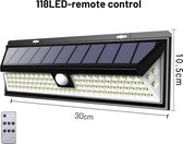 Solar Buitenlamp met Bewegingssensor & Afstandsbediening – 118 LEDs - Tuinverlichting op zonne energie – Wandlamp Buiten met 3 standen - Sensor Dag & Nacht – Buitenverlichting 2500 lumen
