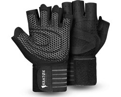 KRATØX Sport en Fitness Handschoenen met Wrist Wrap - Fitness Grip Gloves - Krachttraining - Gym en Crossfit - Unisex - Zwart - Maat XL