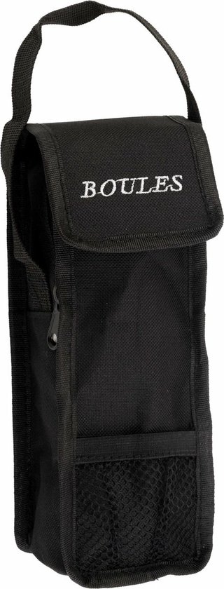 Zwarte draagtas voor boulesballen met "BOULES" erop geborduurd.