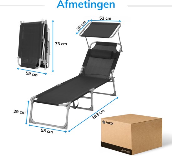 ACAZA Ligbed - Ligbed Tuin - Ligstoel Zwart - tot 150 kg - Ligbedden - Zonnebed - Tuinmeubelen - Ligstoelen - Tuin Ligstoel - Inclusief Hoofdsteun, Zonnescherm en Verstelbare Rugleuning - Draagbaar - Ligzetel van ACAZA — afbeelding 4