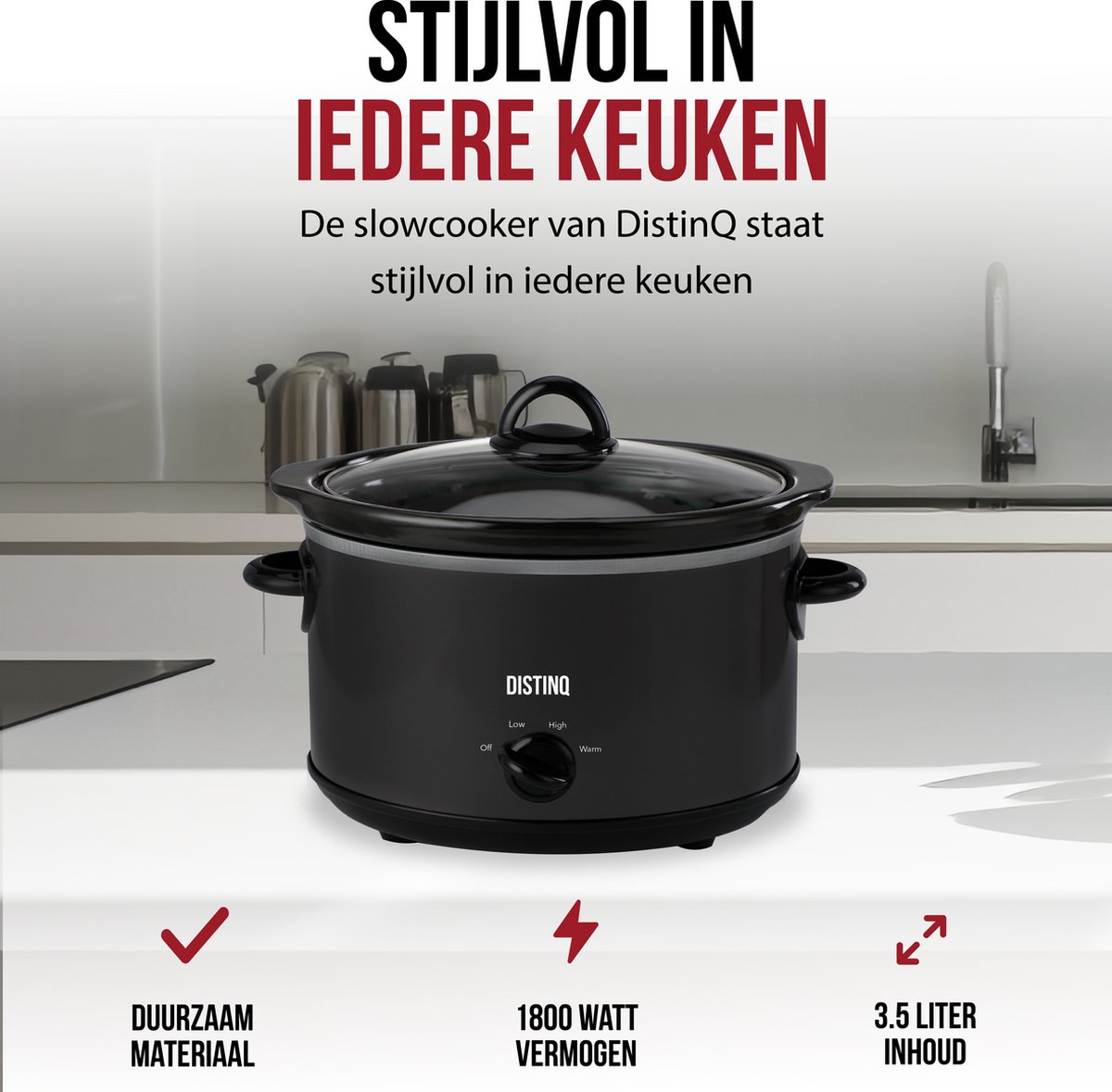 DistinQ Slowcooker 4 liter – Keramische binnenpan - Warmhoudfunctie 180Watt - BPA en PFAS vrij – foto 6