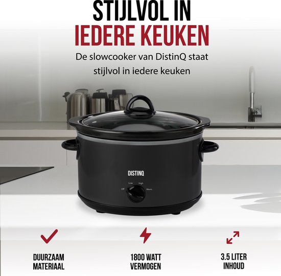 DistinQ Slowcooker 4 liter – Keramische binnenpan - Warmhoudfunctie 180Watt - BPA en PFAS vrij