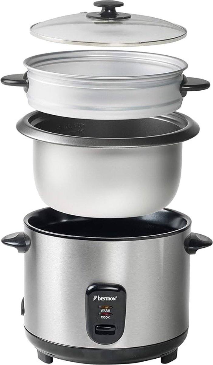 Luxe Elektrische Rijstkoker – Slimme Mechanische Slowcooker – Steam Basket – Warmhoudfunctie – 3 Lagen – 1,8L Compact Design – 700W - RVS – foto 2