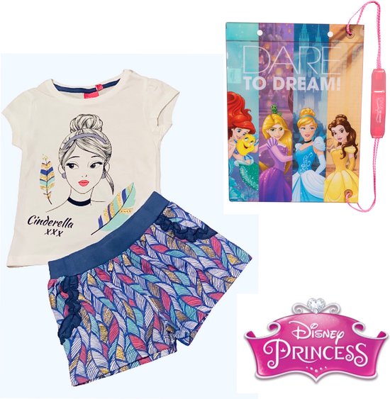 Disney Princess - 2-delige Set - Shortama - Assepoester - Wit/Paars - Maat 104 (4 jaar) + Tas