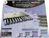 12 Calligraphy Markers - Met stapelbare box - 6 kleuren - 4 maten - lila paars blauw