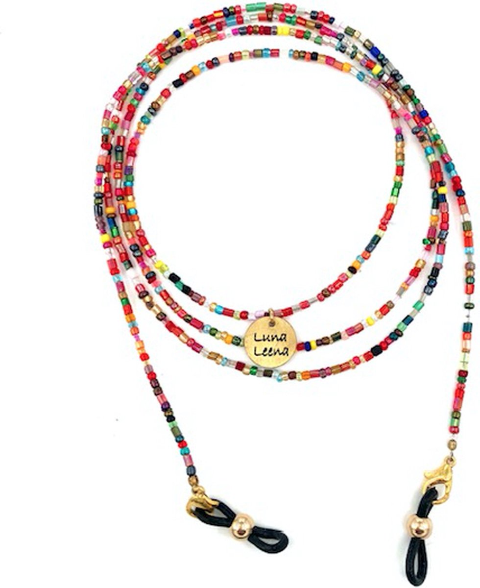 Luna-Leena duurzame brillenkoord multi - L95cm - glass beads + zwarte lusjes - handgemaakt in Nepal - glasses cord - brillen accessoire - cadeau - verjaardag - brillenketting - sieraad