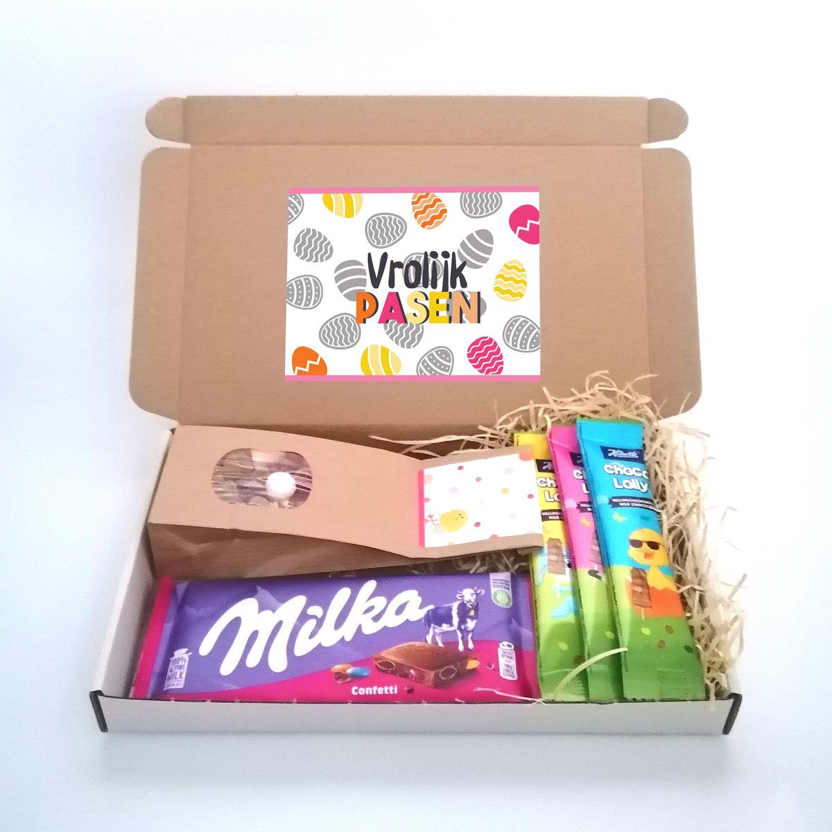 Pasen chocolade cadeau - brievenbuspakket Vrolijk Pasen - Pasen chocolade lolly - Tum Tum - Milka confetti chocolade - Lekker & Zoet