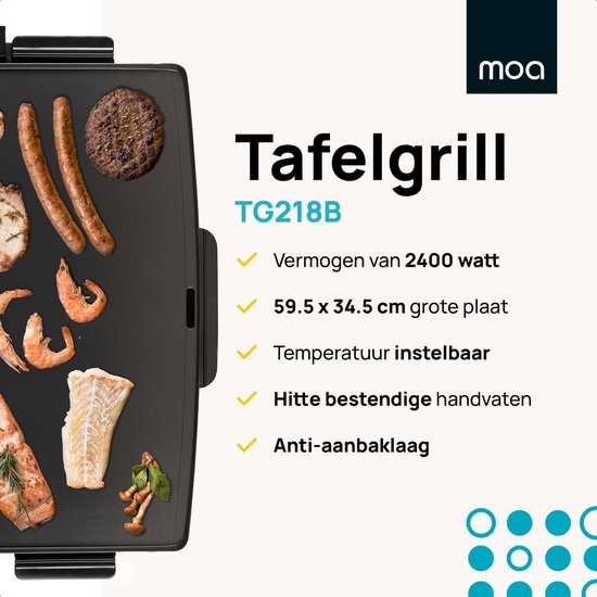 MOA Tafelgrill - Grillplaat - Bakplaat - Teppanyaki - Elektrisch - 68 x 36 cm - Regelbare Thermostaat - Anti-aanbaklaag - TG218B - Zwart - MOA