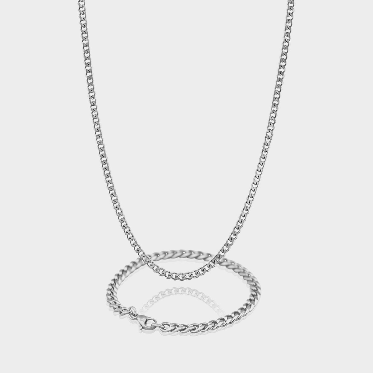 Cuban Ketting 3 mm x Cuban Armband 5 mm - Zilveren Schakelketting en Schakelarmband Heren - 50/21 cm lang - Olympus Jewelry