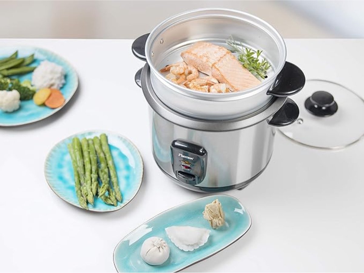 Luxe Elektrische Rijstkoker – Slimme Mechanische Slowcooker – Steam Basket – Warmhoudfunctie – 3 Lagen – 1L Compact Design – 400W - RVS – foto 5