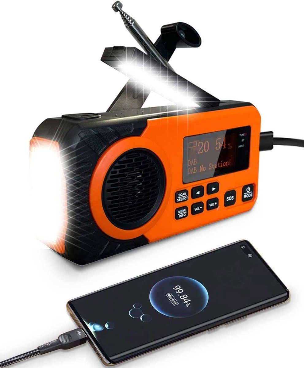 BR iTech Business - Draagbare NoodRadio - Noodpakket - Oranje - DAB+/ FM - Zonnepaneel - Bluetooth - 5200mAh - Powerbank - Zonneenergie - Zwengel - Kampeer-Radio - Solar - Noodradio opwindbaar