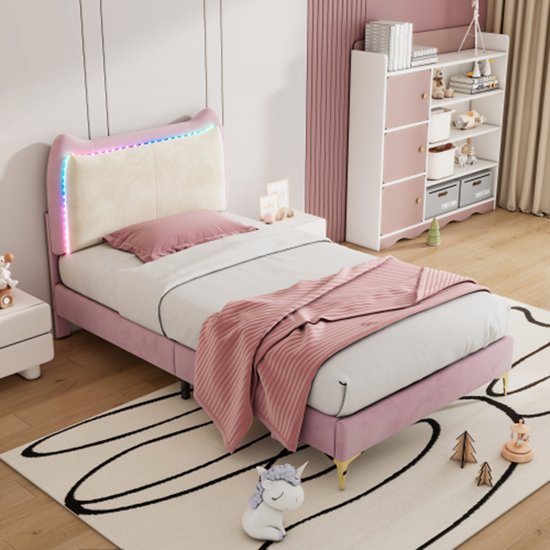 Sweiko gestoffeerd bed met hoofdeinde in de vorm van een dierenoor, met veelkleurige, afwisselende LED-strips, kinderbed met houten lattenbodem, eenpersoonsbed, fluweel, roze bedframe, wit hoofdeinde, 90x200cm