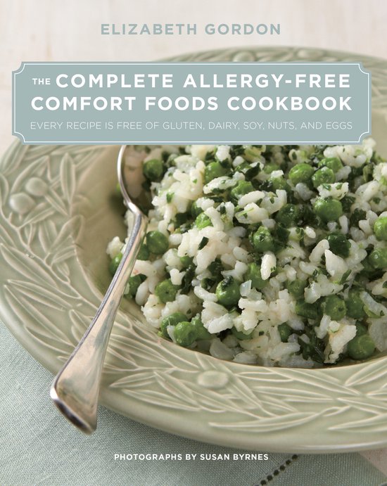 De kaft van 'The Complete Allergy-Free Comfort Foods Cookbook' toont een bord met rijst en erwten, met de tekst 'Elizabeth Gordon'.