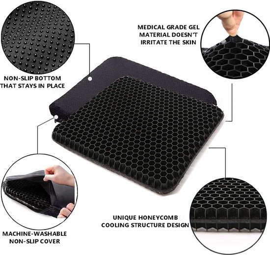 HSSGGV Gel zitkussen, dik met antislip overtrek, ademend stoelkussen, honingraatdesign, absorbeert drukplekken voor auto, bureaustoel, rolstoel