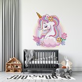 Muursticker Unicorn met wolk en bloemen - 60 x 66 cm - baby en kinderkamer - muursticker eenhoorn unicorn baby en kinderkamer - muursticker dieren