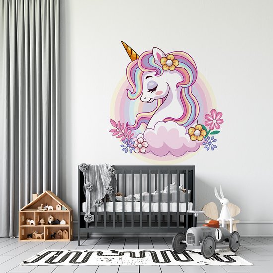 Muursticker Unicorn met wolk en bloemen - 60 x 66 cm - baby en kinderkamer - muursticker eenhoorn unicorn baby en kinderkamer - muursticker dieren