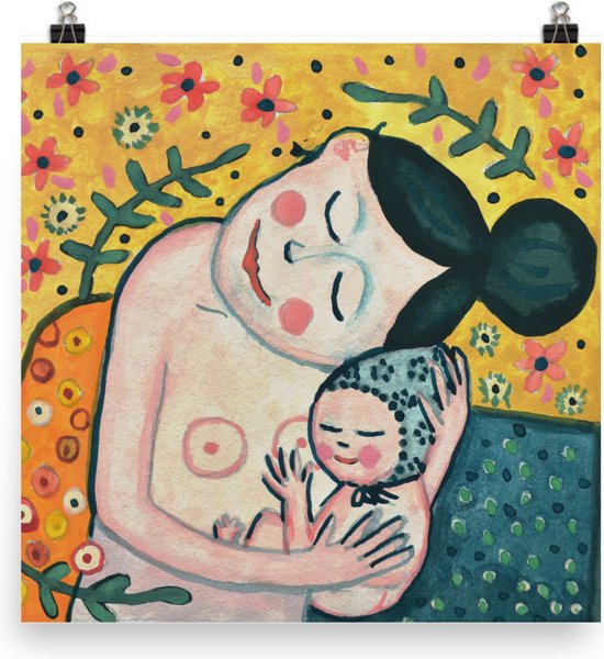 Gustav Klimt Poster Moeder en Kind Art Print | 30 x 30 cm | Schilderij Babykamer | Verloskundige Kraamverzorgende Doula Cadeau Bedankje Eerste Moederdag Cadeau