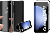 Hoesje geschikt voor Samsung Galaxy S23 FE - Screenprotector Volledig Dekkend Glas - Spiegel Book Case Zwart