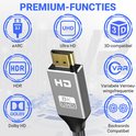 Een zilverkleurige HDMI 2.1-stekker met gouden contacten, omringd door iconen voor eARC, HDR, Dolby HD, Ultra HD, 3D, VRR en achterwaartse compatibiliteit.