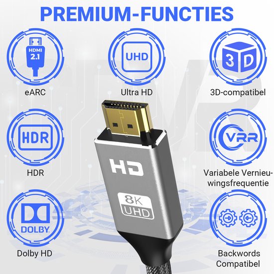 Een zilverkleurige HDMI 2.1-stekker met gouden contacten, omringd door iconen voor eARC, HDR, Dolby HD, Ultra HD, 3D, VRR en achterwaartse compatibiliteit.