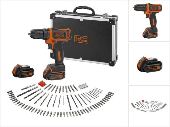 B+D KIT: 10,8V Lithium Ion accu schroef-/boormachine + 100 accessoires in FLIGHT CASE 2 x 1.5Ah accu’s