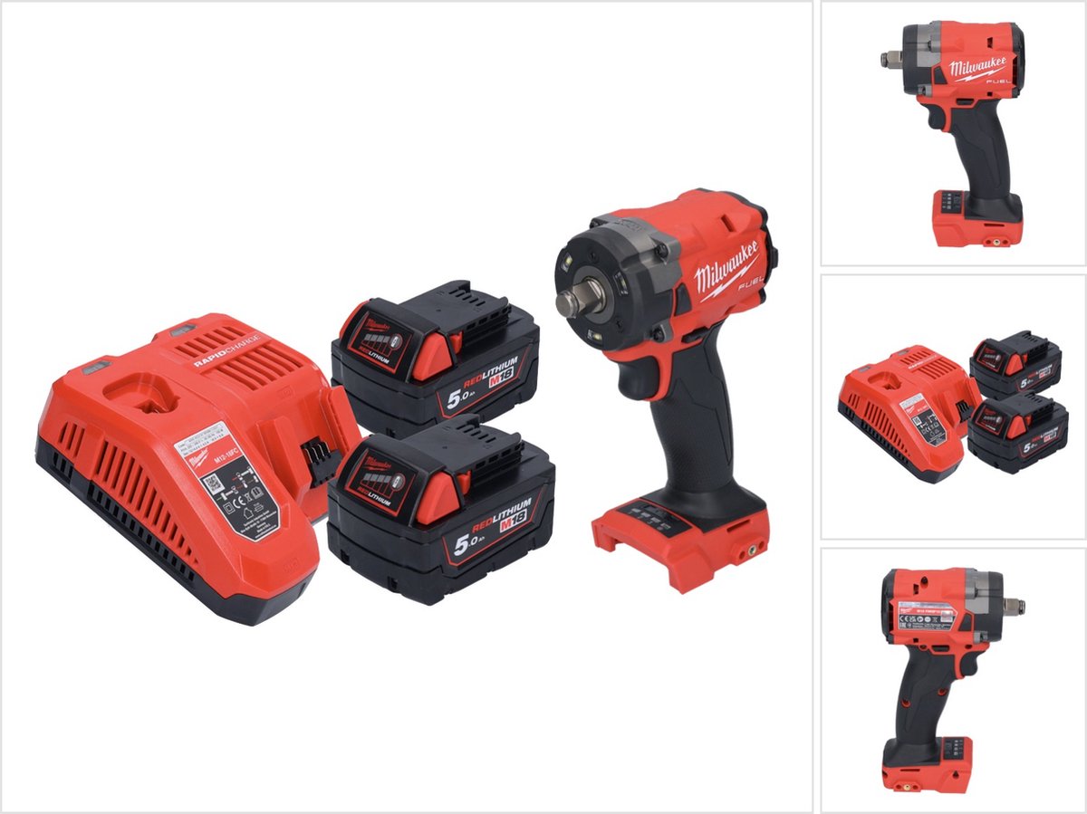 Milwaukee M18 FIW2F12-502 Accu-slagmoersleutel 18 V 339 Nm 1/2" borstelloos + 2x oplaadbare accu 5.0 Ah + lader
