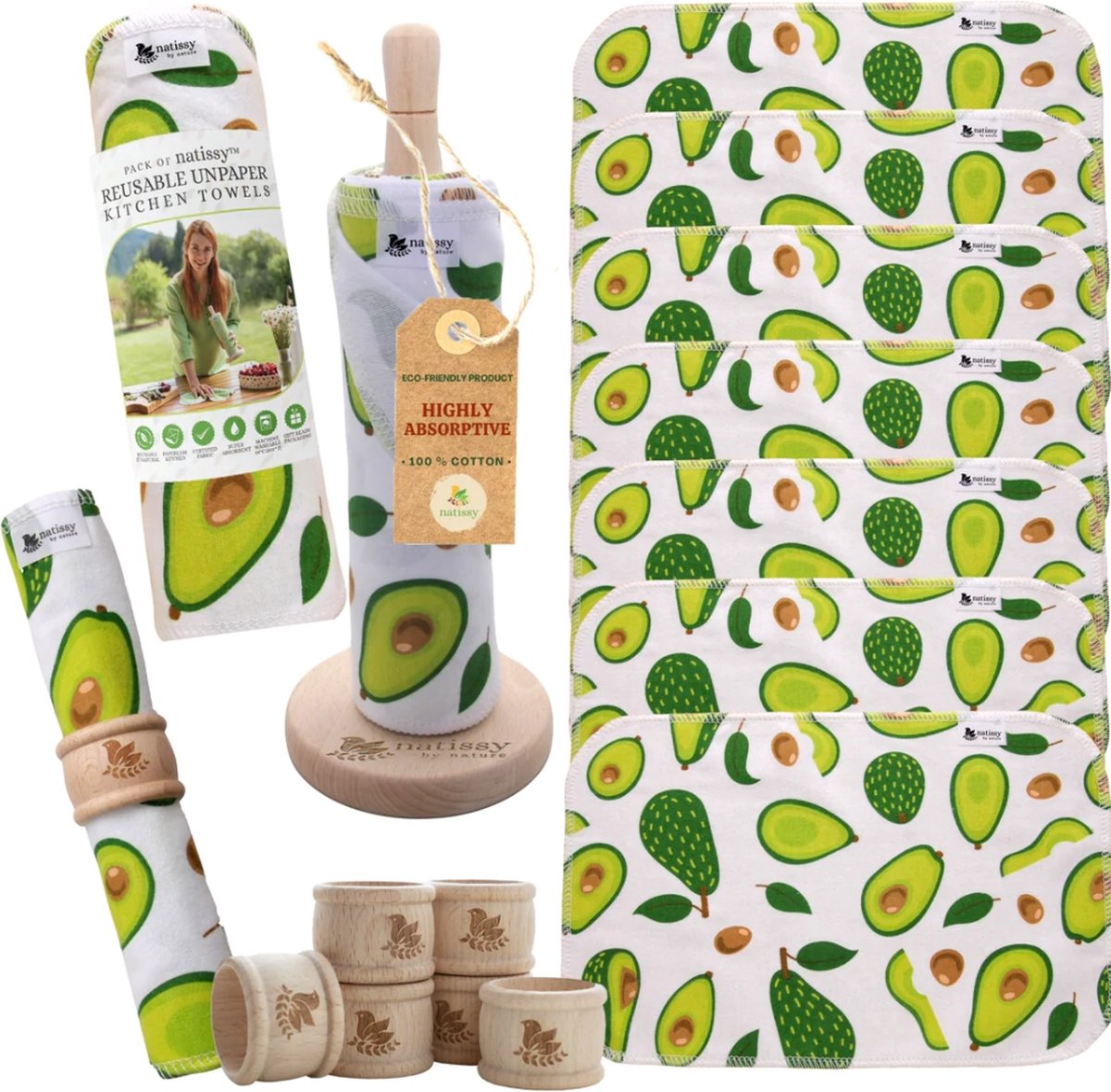 Goedkoopste Natissy - herbruikbare keukenrol - set 10 doekjes met 1 keukenrolhouder en 6 servetringen - avocado print - katoen - paperless kitchen towels - unpaper towels - herbruikbaar keukenpapier - wasbaar keukenpapier - met opbergzak