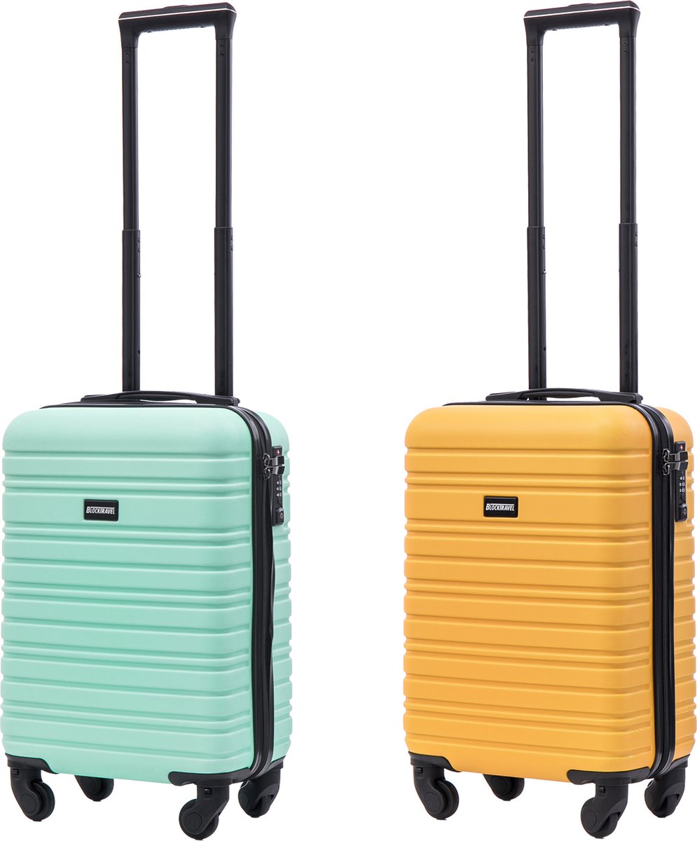 BlockTravel - kofferset - 2 delig - ABS - handbagage - met wielen afneembaar - 29 liter - inbouw TSA slot - mint groen - geel